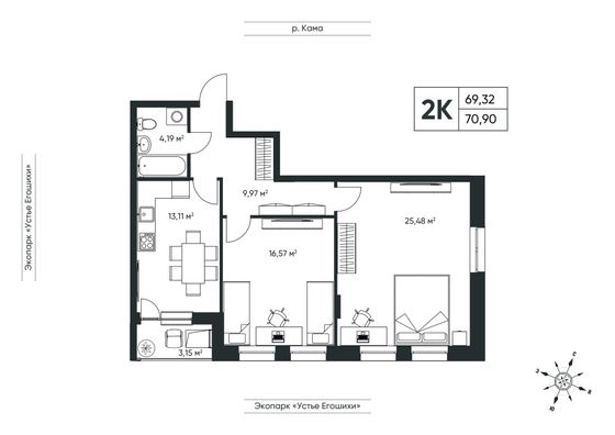 70,9 м², 2-комн. квартира, 4/6 этаж