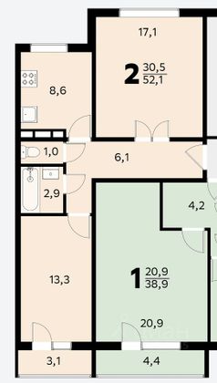 Продажа 2-комнатной квартиры 52,1 м², 6/14 этаж