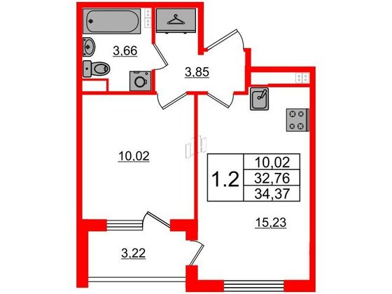 Продажа 1-комнатной квартиры 32,8 м², 3/4 этаж