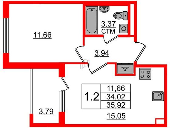 Продажа 1-комнатной квартиры 34 м², 3/4 этаж