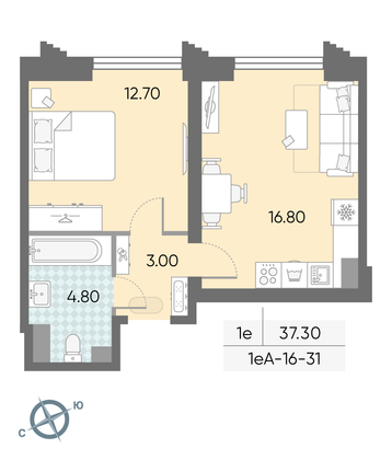 Продажа 1-комнатной квартиры 37,3 м², 31/58 этаж