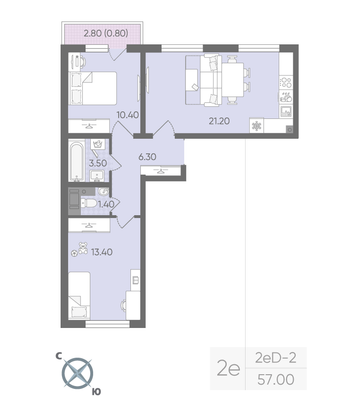 Продажа 2-комнатной квартиры 57 м², 18/20 этаж