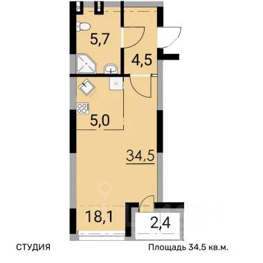Продажа квартиры-студии 34 м², 4/26 этаж