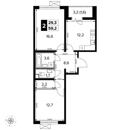 59,2 м², 2-комн. квартира, 21/24 этаж