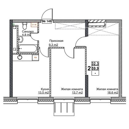 Продажа 2-комнатной квартиры 59,9 м², 3/24 этаж