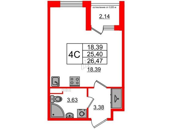 Продажа квартиры-студии 25,4 м², 3/4 этаж