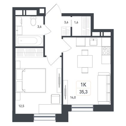 35,3 м², 1-комн. квартира, 5/8 этаж