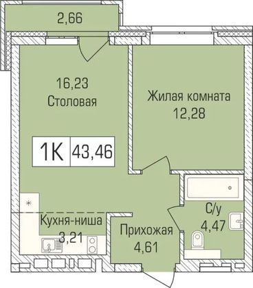 42,9 м², 1-комн. квартира, 1/9 этаж