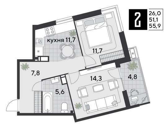 Продажа 2-комнатной квартиры 55,9 м², 13/18 этаж