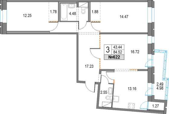 84,5 м², 3-комн. квартира, 4/25 этаж