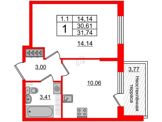 Продажа 1-комнатной квартиры 30,6 м², 5/5 этаж