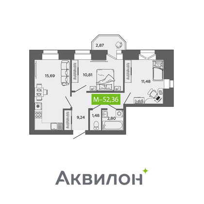 52,4 м², 2-комн. квартира, 7/9 этаж