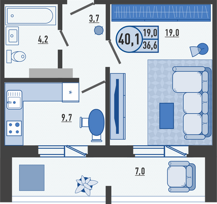 40,1 м², 1-комн. квартира, 13/16 этаж