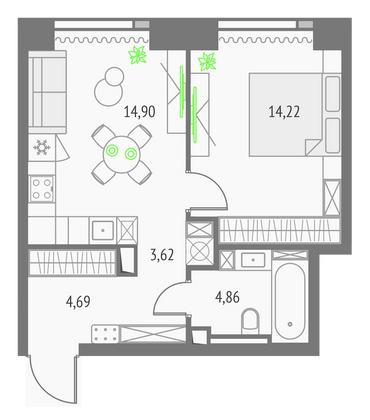 42,3 м², 1-комн. квартира, 33/57 этаж
