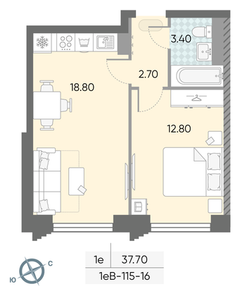 Продажа 1-комнатной квартиры 37,7 м², 16/58 этаж