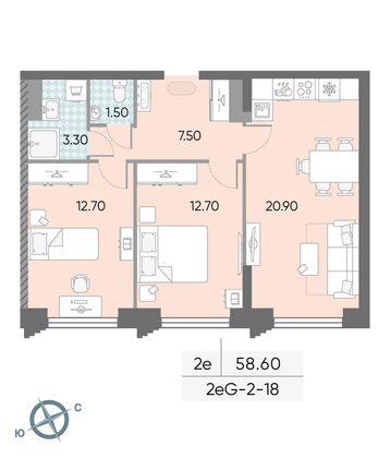 Продажа 2-комнатной квартиры 58,6 м², 18/58 этаж