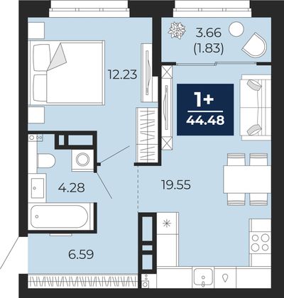 44,5 м², 1-комн. квартира, 12/12 этаж