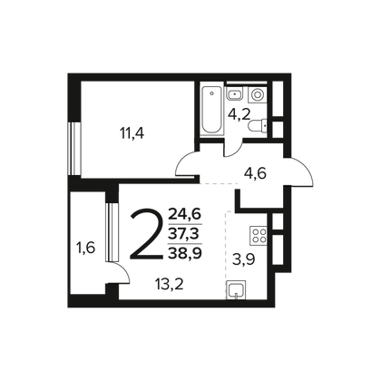 38,9 м², 2-комн. квартира, 6/7 этаж