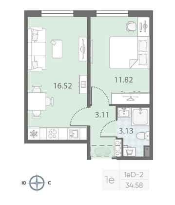 Продажа 1-комнатной квартиры 34,6 м², 2/23 этаж