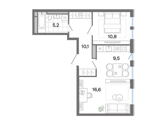52,2 м², 2-комн. квартира, 1/4 этаж