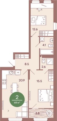 Продажа 2-комнатной квартиры 68 м², 7/17 этаж