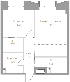 55 м², 1-комн. квартира, 2/12 этаж