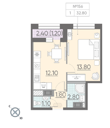 Продажа 1-комнатной квартиры 32,8 м², 10/10 этаж