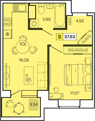 37,6 м², 1-комн. квартира, 5/9 этаж