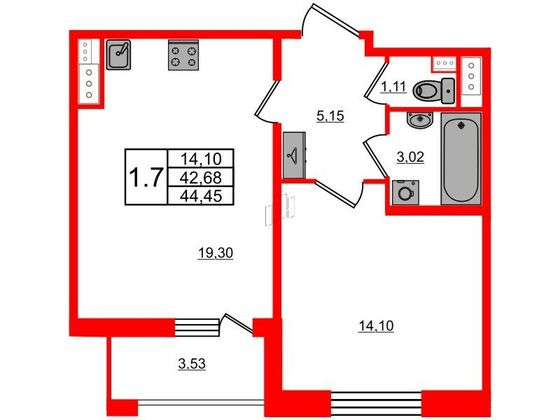 Продажа 1-комнатной квартиры 42,7 м², 9/12 этаж