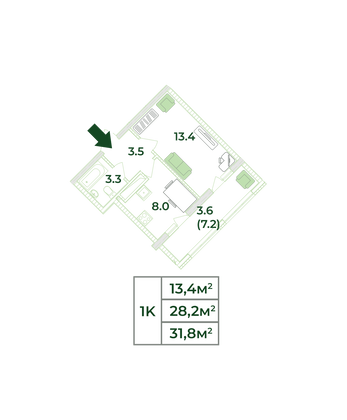 31,8 м², 1-комн. квартира, 17/18 этаж