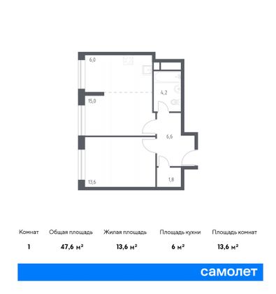 47,6 м², 1-комн. квартира, 21/21 этаж