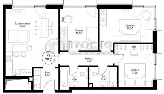 Продажа 3-комнатной квартиры 78,7 м², 23/30 этаж