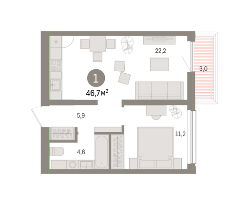 Продажа 1-комнатной квартиры 46,7 м², 3/8 этаж