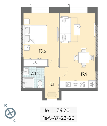 39,2 м², 1-комн. квартира, 23/28 этаж