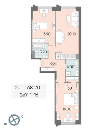 Продажа 2-комнатной квартиры 68,2 м², 16/58 этаж