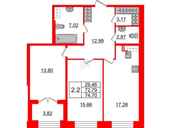 Продажа 2-комнатной квартиры 72,8 м², 1/8 этаж