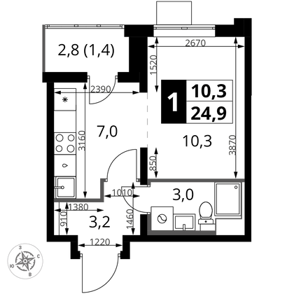 24,9 м², 1-комн. квартира, 16/24 этаж