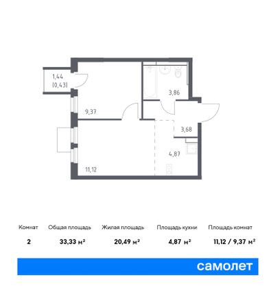 33,3 м², 1-комн. квартира, 8/13 этаж