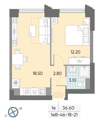 Продажа 1-комнатной квартиры 36,6 м², 20/58 этаж