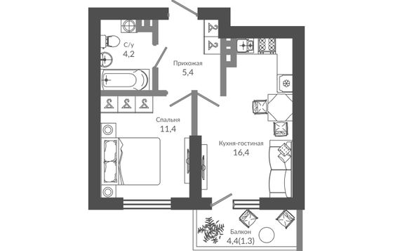 38,9 м², 1-комн. квартира, 4/11 этаж