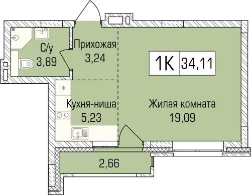 33,8 м², 1-комн. квартира, 3/9 этаж