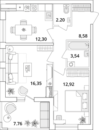 59,8 м², 2-комн. квартира, 3/18 этаж