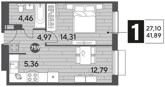 Продажа 1-комнатной квартиры 41,9 м², 2/12 этаж