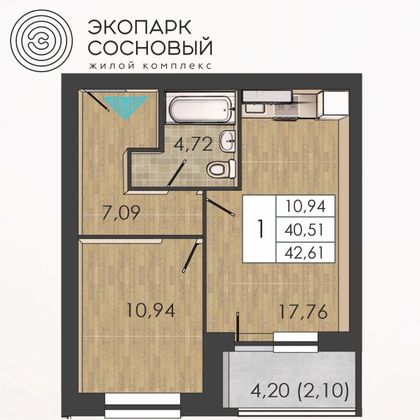 42,6 м², 1-комн. квартира, 1/4 этаж