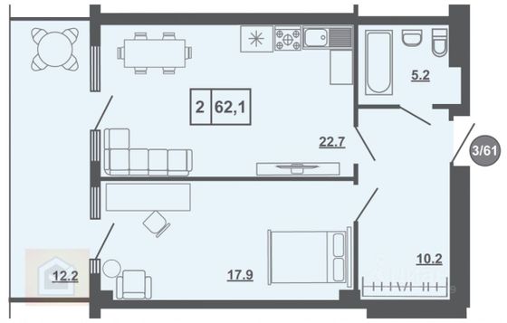 Продажа 3-комнатной квартиры 62,1 м², 3/10 этаж