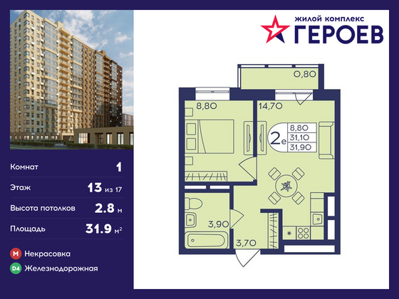 31,9 м², 1-комн. квартира, 13/17 этаж