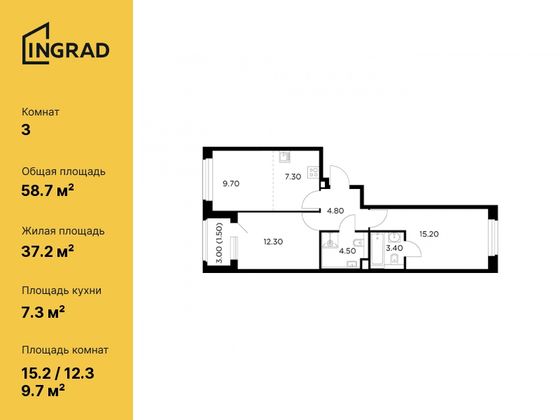 58,7 м², 3-комн. квартира, 3/20 этаж