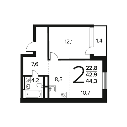 Продажа 2-комнатной квартиры 44,3 м², 9/11 этаж