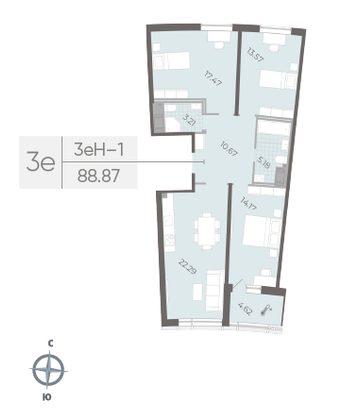 Продажа 3-комнатной квартиры 88,9 м², 5/14 этаж