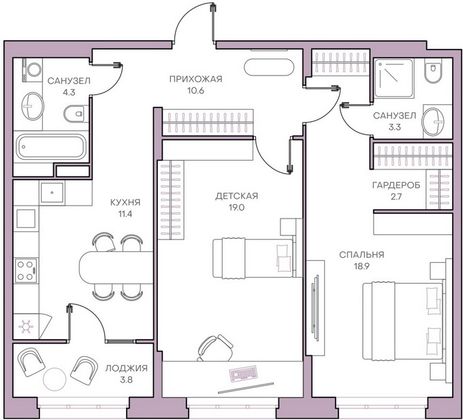 73,8 м², 2-комн. квартира, 8/18 этаж